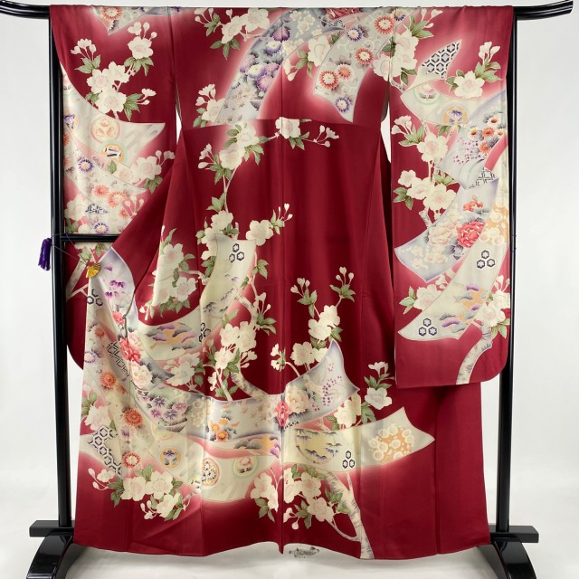 振袖 秀品 熨斗 草花 ぼかし えんじ色 袷 161cm 67.5cm L 正絹 中古