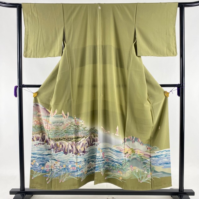 色留袖 美品 秀品 落款 一つ紋 鶴 水辺の風景 鶯色 袷 151.5cm 62.5cm S 正絹 中古