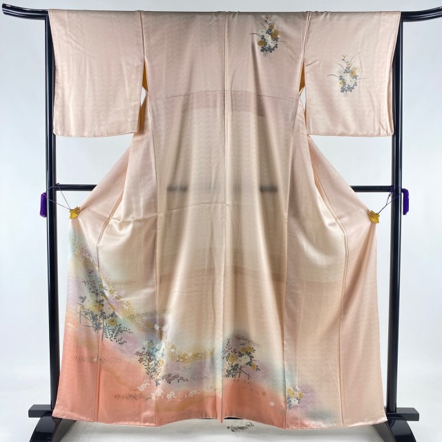 訪問着 秀品 菊 竹 金銀彩 ぼかし 薄ピンク 袷 161cm 65cm M 正絹 中古