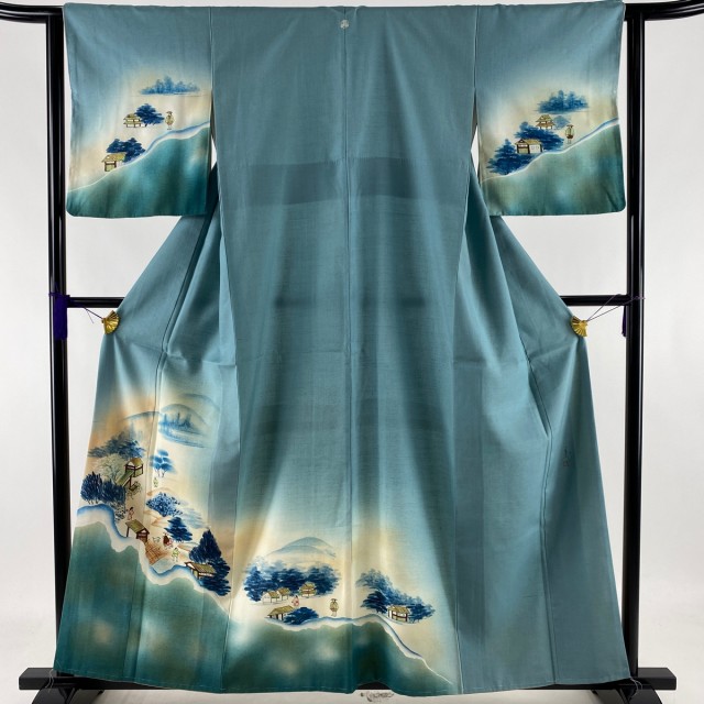 付下げ 美品 秀品 落款 紬地 一つ紋 風景 人物 ぼかし 青緑 袷 158cm 63cm S 正絹 中古