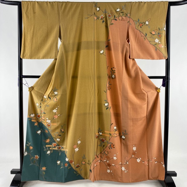 訪問着 秀品 枝梅 橘花 金彩 黄土色 袷 165cm 65cm M 正絹 中古