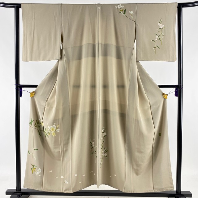 付下げ 美品 秀品 落款 一つ紋 草花 灰茶 袷 154cm 61.5cm S 正絹 中古