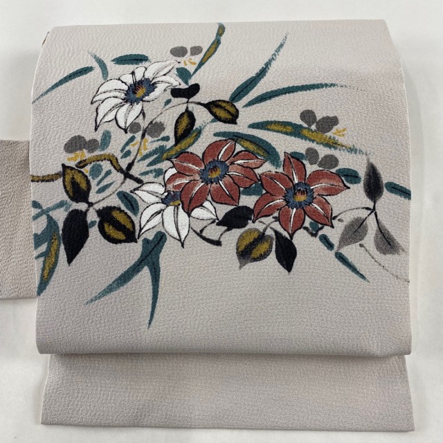 名古屋帯 美品 秀品 落款 草花 金彩 薄小豆 正絹 中古