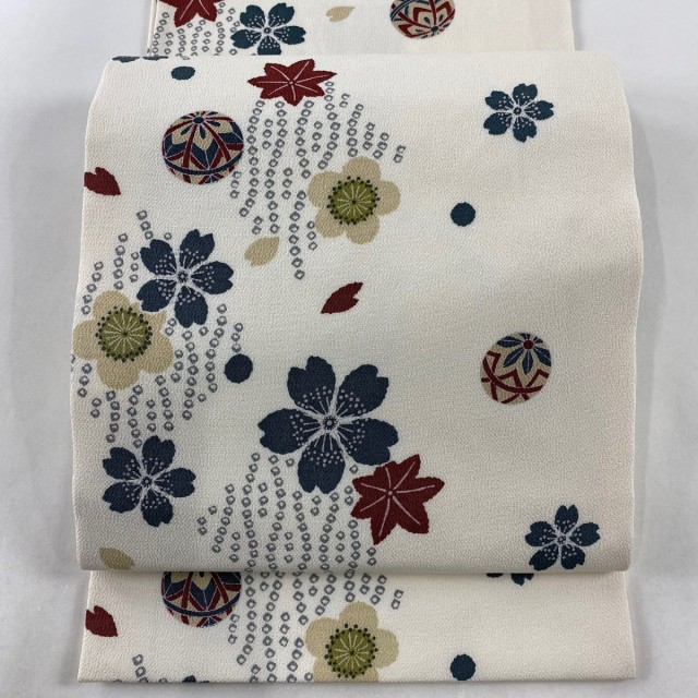 開き名古屋帯 美品 秀品 草花 鞠 縮緬 クリーム 正絹 中古