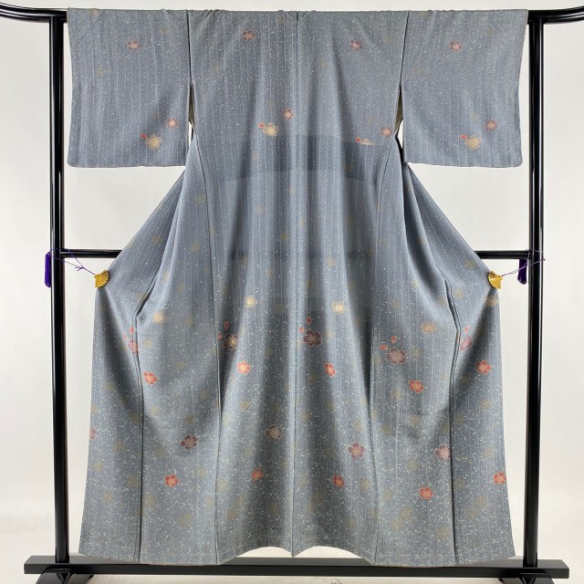 付下げ 美品 秀品 ますいわ屋 桜 縦縞 金彩 縮緬 青灰色 袷 154.5cm 62cm S 正絹 中古