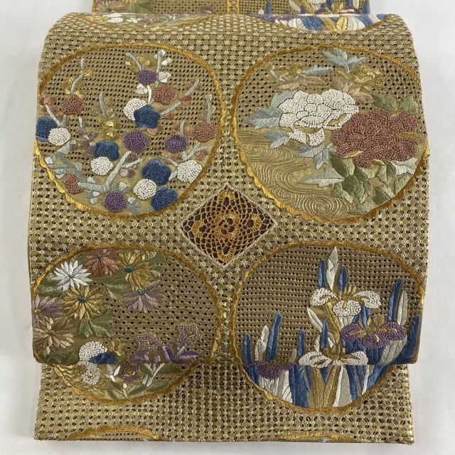 袋帯 美品 逸品 華文 草花 刺繍 金糸 金色 六通 正絹 中古