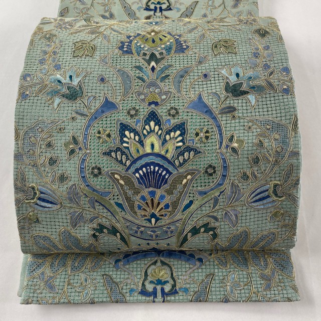 袋帯 美品 逸品 草花 金糸 汕頭刺繍 灰緑 全通 正絹 中古