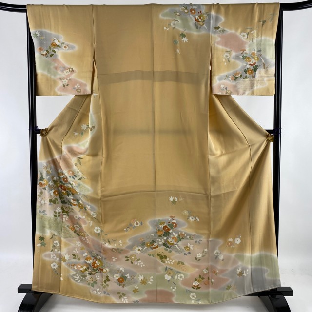 訪問着 美品 逸品 落款 千總 草花 霞 金糸 金彩 薄オレンジ 袷 身丈161cm 裄丈66cm M 正絹 中古