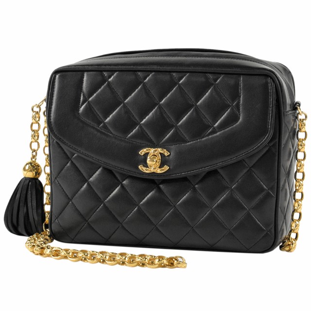 シャネル CHANEL ココマーク フリンジ チェーン ショルダーバッグ CCマーク マトラッセ タッセル レザー ブラック レディース 中古