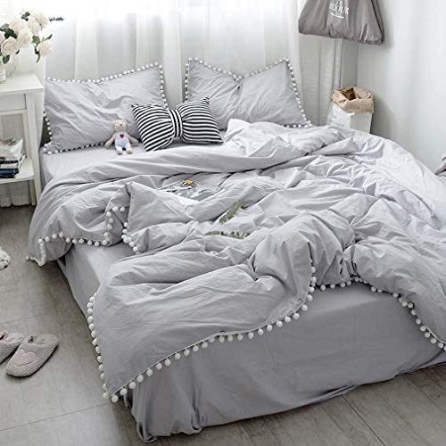 ぽっきりsale対象 ライトグレー寝具カバー 可愛いホワイトポンポン掛け布団カバー シングルと枕カバー2枚 新発売の Www Iacymperu Org