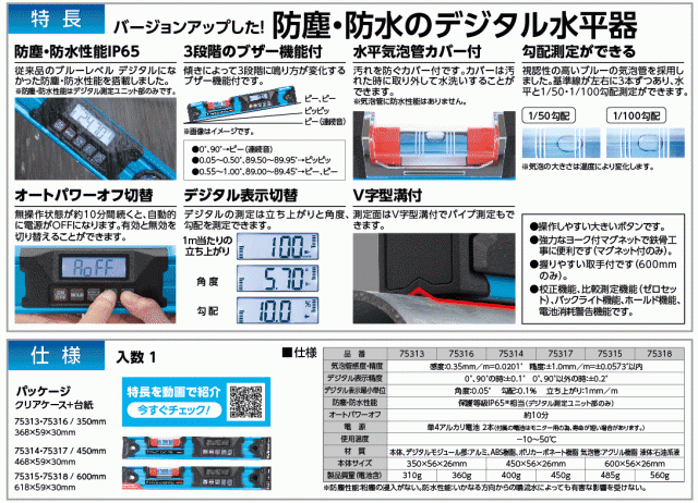 シンワ測定(Shinwa Sokutei) ブルーレベル Pro2 450mm 防塵防水の