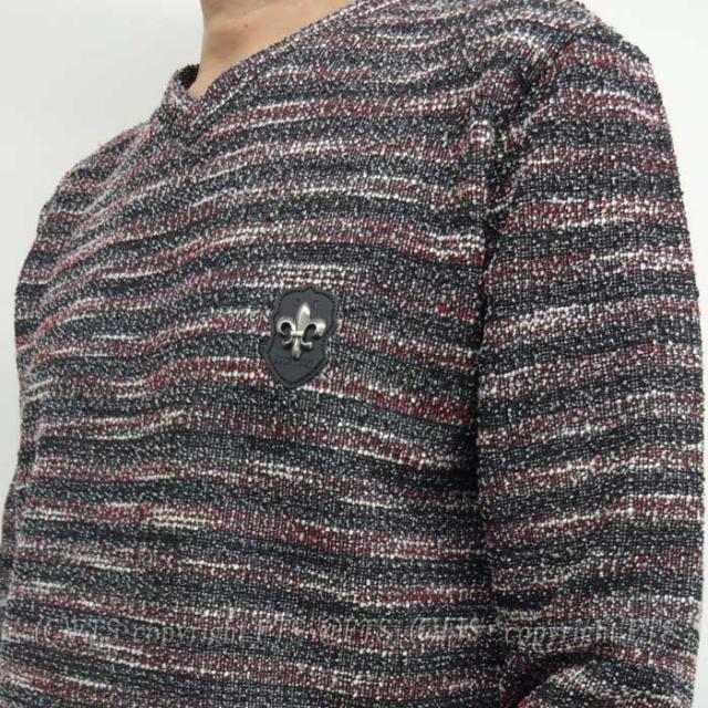 即納あす楽 ロングｔシャツ メンズファッション 長袖 Ambition ロンt ス ロゴ刺繍 ロック系 トップス レッドブラック ミックスボーダー柄 Be ユリ紋章 スタッズ Vネック春秋冬 ス 新品セール