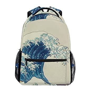 Romantic Angel Backpack Travel Wave Art Hokusai School Bookbags Shoulder Laptop Daypack College Bag for Womens Mens Boys Girls