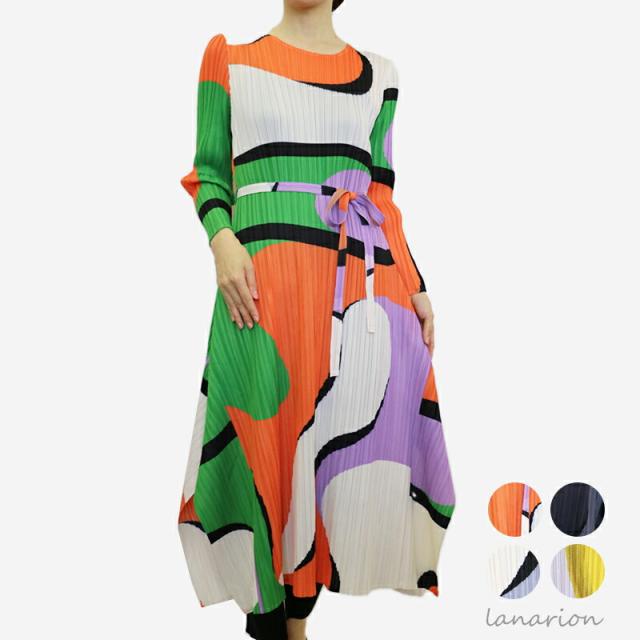 即発送可能 ワンピース 長袖 秋冬 レディース プリント プリントワンピース きれいめ プリーツ アコーディオンプリーツ レディース