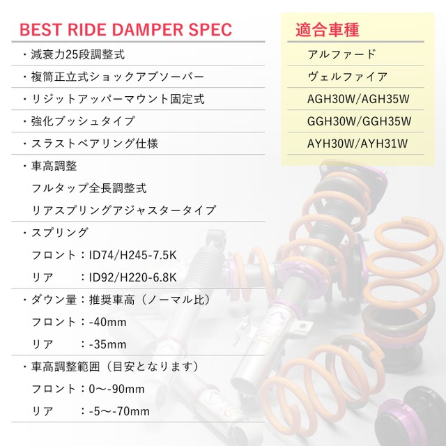 正規品 送料無料 Best Ride Damper 最高傑作 車高調キット Toyota 30系 アルファード専用 最高の乗り心地 減衰力25段調整 Pgfk Brdt001 正規店仕入れの Regalhotelgh Com