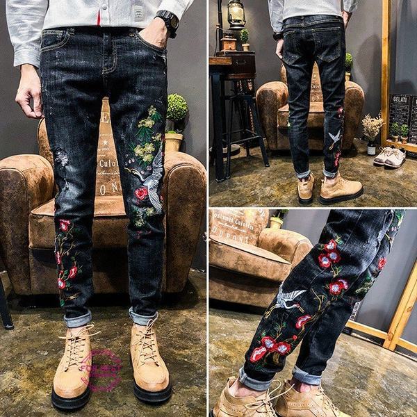 高級感 デニムパンツ メンズ Gパン ジーンズ ストレート スキニーデニム ウォッシュ ダメージ 刺繍 花柄 鶴柄 おしゃれ カジュアル 夏 最新の激安 Olsonesq Com