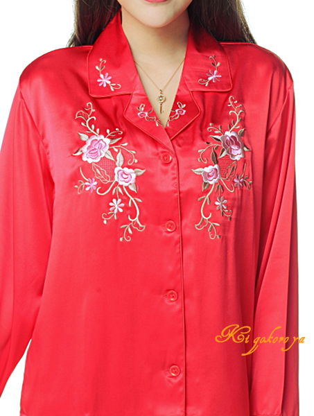 激安ブランド シルク100 パジャマ 長袖レディース 無地刺繍 赤色 サテン ルームウェアll 送料無料 母の日 敬老の日 プレゼント ギフト 人気トレンド Kickoff Dakar21 Sn
