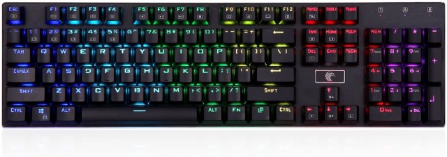 E元素メカニカル式ゲーミングキーボード 青軸アンチゴーストキー RGB発光LEDバックライト付き 英語配列104キーUSB有線ゲーム用キーボード