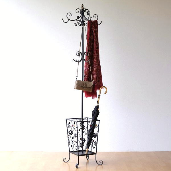 格安即決 コートハンガー 傘立て アンティーク アイアン 玄関 収納 コートスタンド おしゃれ アイアンの傘立て付きコートハンガー フラワー 値引きする Olsonesq Com