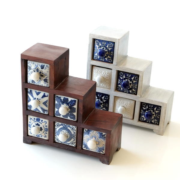 全国組立設置無料 小物入れ 引き出し ミニチェスト 卓上 木製 陶器 アンティーク レトロ 陶器の引き出しミニチェストステア6個 ブルー ホワイト2タイプ 取寄品 Www Icamek Org