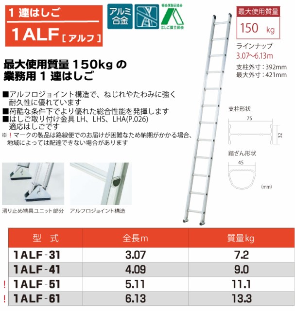 得価通販 ピカ/Pica PAY マーケット - 機械と工具のテイクトップ au PAY マーケット店|商品ロットナンバー:507058410 1連はしご アルフ 1ALF-61 最大使用質量:150kg 全長:6.13m の通販はau 超歓迎低価