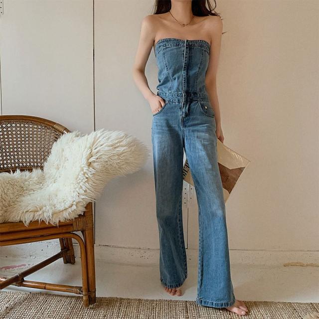 セール価格 公式 ジャンプスーツ オールインワン サロペット ベアワンピース デニム ロング丈 無地 フルレングス 肩出し カジュアル セクシー シンプル 春 高速配送 Teammedellin Co