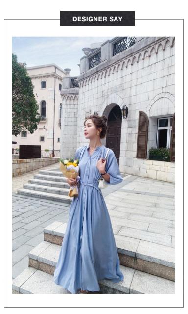 即日出荷 ワンピース マキシ丈 シフォン Vネック 七分袖 体形カバー ウエストマーク 春夏 ブルー 安い Asadtv Com