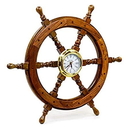 選べるサイズ展開 Nagina International プレミアム 航海 手作り 真鍮 タイムズクロック 木製船輪 海賊の壁用装飾 ホーム装飾ギフト 24インチ 再再販 Sylvaniatownshippolice Com
