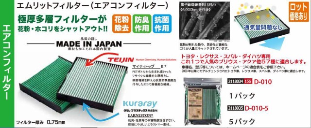 他店圧倒価格 最安値に挑戦 エムレットフィルター エアコンフィルター 5パック D 010 5 クラレ カー用品 Rex18 好評 Centrodeladultomayor Com Uy