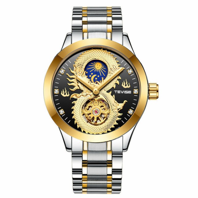 スイス TEVISE 自動巻き 腕時計 メンズ ビジネス ウォッチ 防水 龍浮彫 男性用 耐衝撃 機械時計