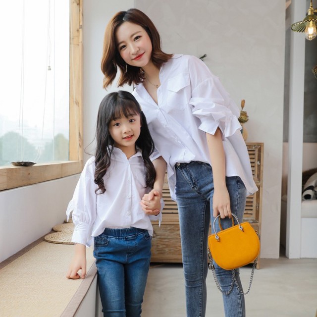 人気の雑貨がズラリ 親子 セット キッズ 長袖 ブラウス 親子コーデ 子供服 一部即納 トップス 親子ペア 女の子 ルック リンクコーデ 白 フリルシャツ 可愛 ブラウス シャツ