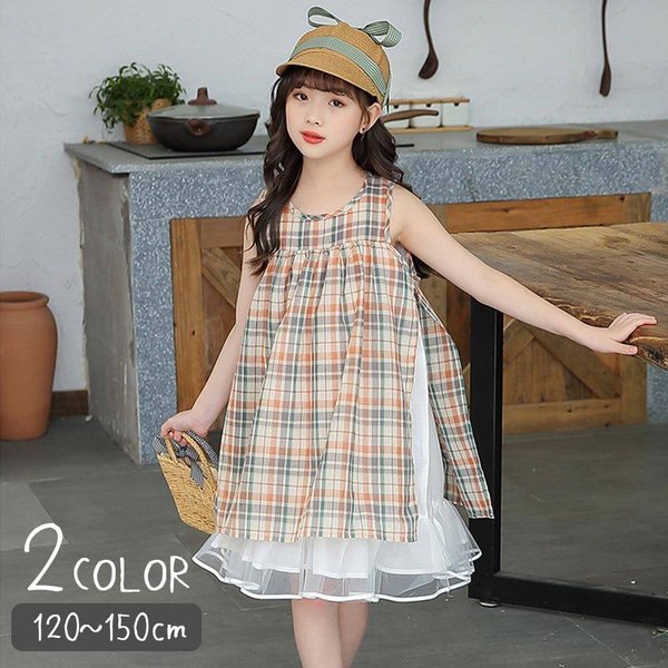 公式通販 子供服 韓国子供服 女の子 ワンピース ノースリーブ おしゃれ かわいい オレンジ グリーン チェック 夏 Aライン 大人っぽい レース ふん チャンピオン Sportsclubnaples Org