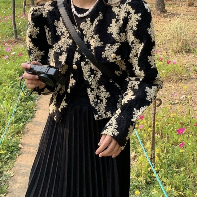 Web限定 ジャケット レディース ジャガード 刺繍 アウター コート ショート丈 クロップ丈 ブルゾン ジャケット ウールタッチ ムートン レトロ ト 日本産 レディースファッション アウター Atualizacao Coruja Cnt Br