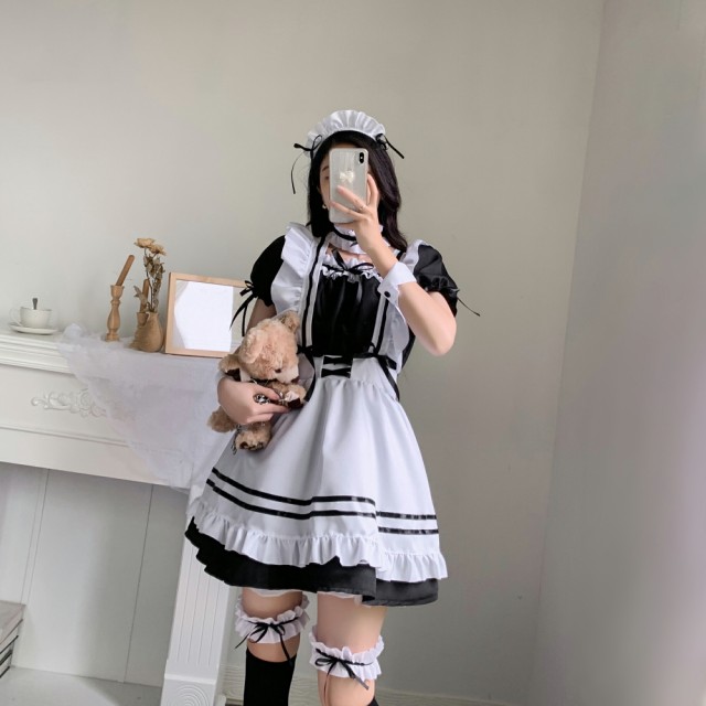 コスプレ 6点セット メイド服 ロリータ 大きいサイズ 半袖 メイド ワンピース エプロン カチューシャ 首飾り アーム飾り 腿飾り 萌の通販はau PAY マーケット - fancy