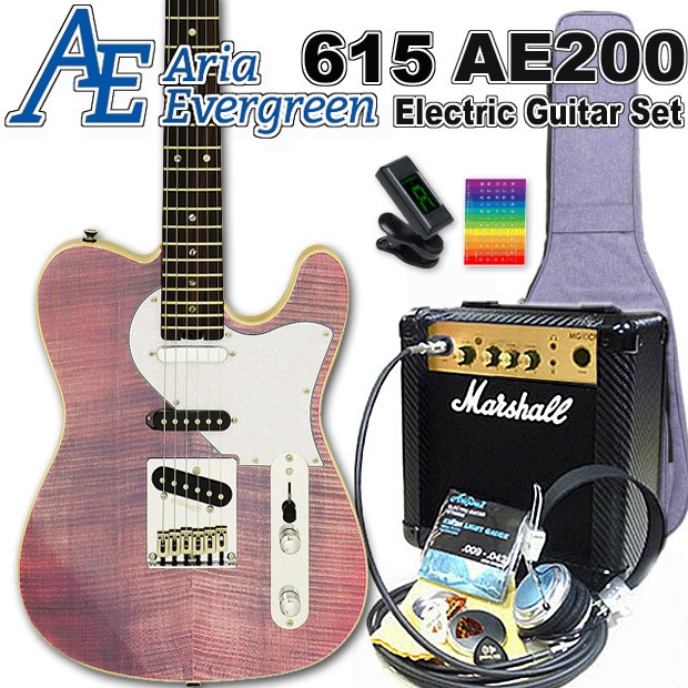 AriaProII 615 AE200 LV アリア・エヴァーグリーン エレキギター 初心者 15点 入門セット Marshallアンプ付き【エレキ ギター初心者】【