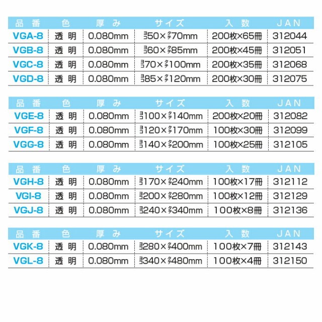 ジャパックス チャック付ポリ袋 厚み0.080mm 200枚×20冊 透明 VGE-8