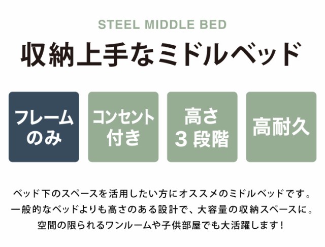 最安値 高さ3段階調整 ミドルベッド シングル 宮付き コンセント付き 通気性抜群 収納力 パイプベッド ベッドフレーム単品 ベッド 送料無料 お歳暮 Olsonesq Com