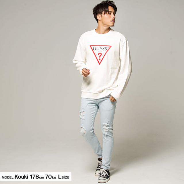 定番のお歳暮 裏毛 スエット スウェット トップス ゲス Guess 長袖 メンズ トレーナー クルーネック ブラン ユニセックス プリント トライアングルロゴ トレーナー スウェット