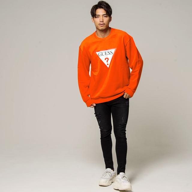 定番のお歳暮 裏毛 スエット スウェット トップス ゲス Guess 長袖 メンズ トレーナー クルーネック ブラン ユニセックス プリント トライアングルロゴ トレーナー スウェット