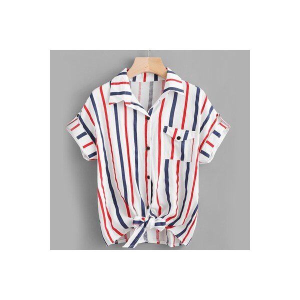 シャツ レディース ワイシャツ Yシャツ トップス リボン 裾リボンデザイン 夏 ブラウス ストライプ柄 半袖 胸ポケット付き 縦縞 カジュアの通販はau Pay マーケット Sunflower 商品ロットナンバー