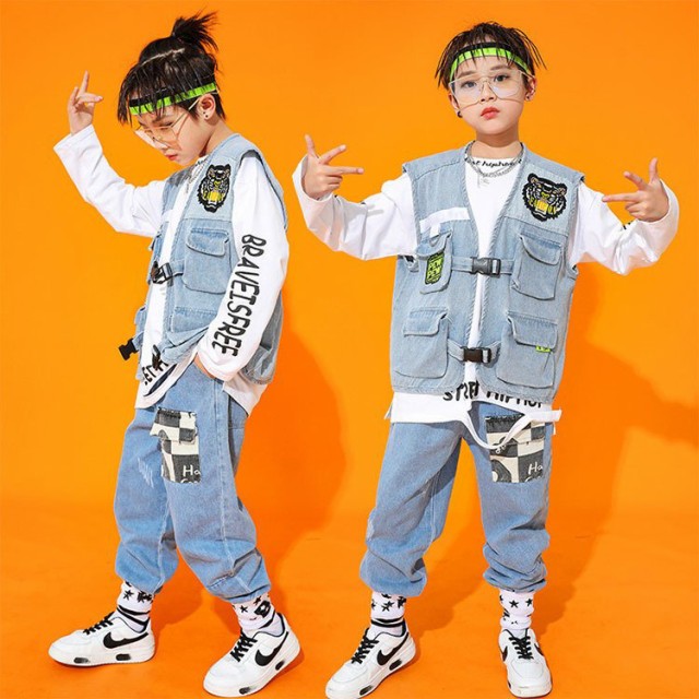 ダンス衣装 キッズ デニム ベスト ヒップホップ HIPHOP 女の子 男の子 ジャズダンス セットアップ トップス デニムパンツ ステージ衣装