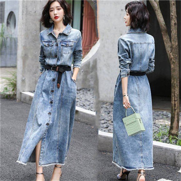 のオシャレな 春秋 デニムワンピース レディース デニムシャツワンピース ロング丈 デニムワンピ デニム マキシ丈ワンピース ワンピース 長袖 大きいサ クリアランス Asianatusah Shop