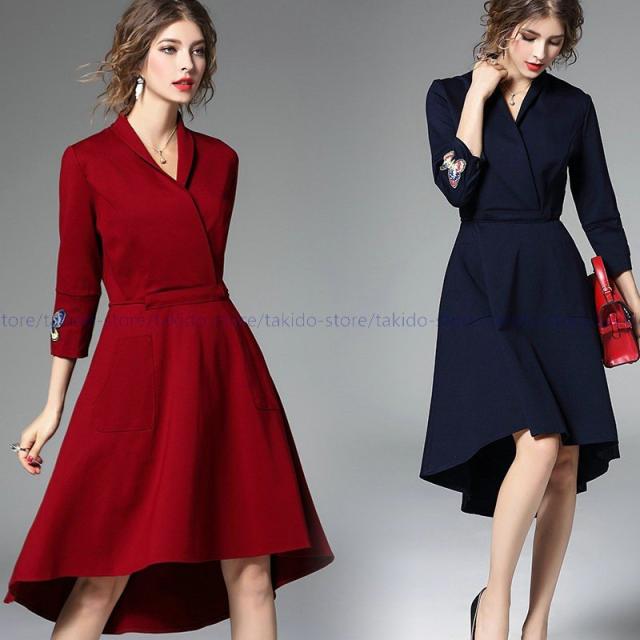 春バーゲン ブラウジングワンピース 春ワンピ 花柄刺繍 レディース 7分袖 結婚式 二次会 大人 上品 膝丈 Aライン フレア ミディアム丈 パーティード ラッピング無料