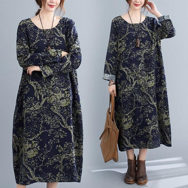 ワンピース レディース 長袖 マキシ丈 花柄 リネンワンピース ロングワンピ 大きいサイズ 着痩せ 体型カバー