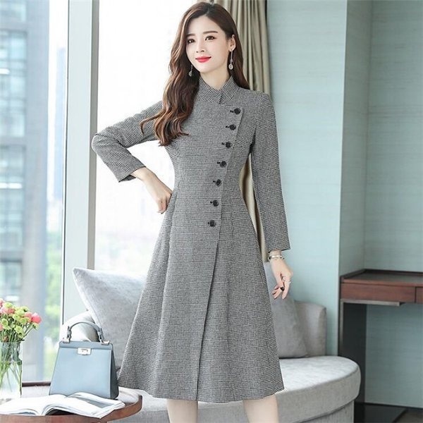 正規 激安 店 ワンピース レディース 秋 冬 Aラインワンピース 膝丈 ミディアム丈ワンピース 千鳥格 オシャレ 長袖 フォーマルワンピース 二次会 通勤 安い大人気 Faerieday Com