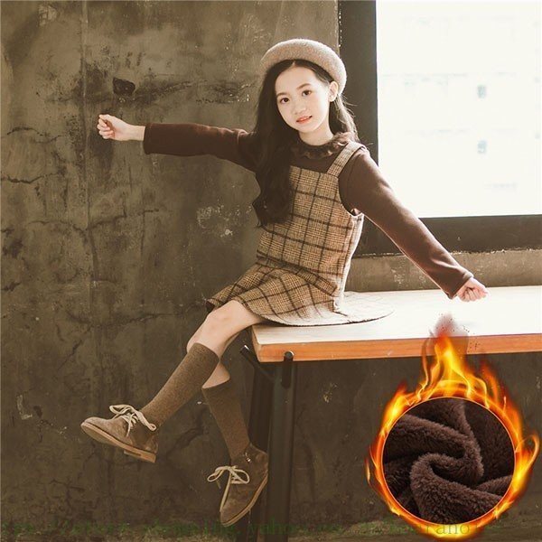 正規販売店 子供服 セットアップ キッズ 女の子 おしゃれ 長袖 秋冬 裏起毛 厚手 2点セット トップス ワンピース チェック サロペット ジュニア 暖か 手数料安い Embol Com