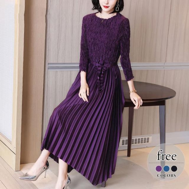 大人気 ワンピース 食事会 ママスタイル 休日スタイル 女子会 かわいい ロングワンピース ウエスト切替 アコーディオンプリーツ ラウンドネック ひざ丈 Crownlandbow Com