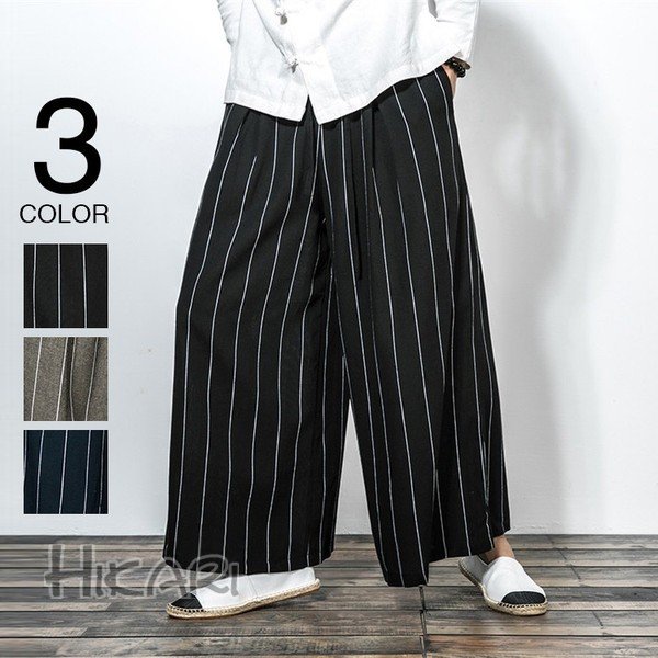 スプリングフェア ワイドパンツ メンズ ストライプ リネンパンツ サルエル バギーパンツ フレアパンツ 綿麻 イージー