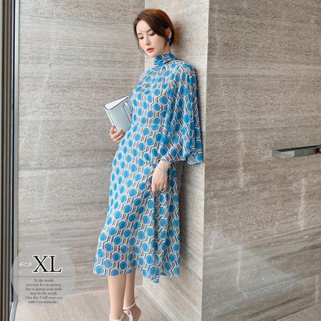 包装無料 送料無料 ワンピース ボトルネック 抽象柄 総柄プリント 袖デザイン 大人カジュアル 女子旅 ママスタイル 女子会 リゾート 休日スタイル 母親 ドラ クーポン発行