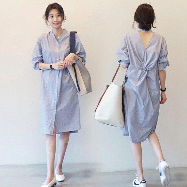 在庫あり 即納 シャツワンピース レディース ロング丈ワンピース シャツワンピース ボーダー 柄 背中あきミドル丈ワンピース ロング 韓国風 オシャレ 絶賛レビュー続出